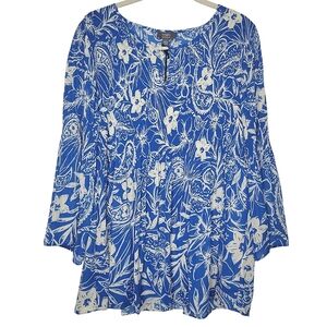 SALE NWT Ninety Clothing Co Plisse Smocked Floral Tropical Top Blue & White L